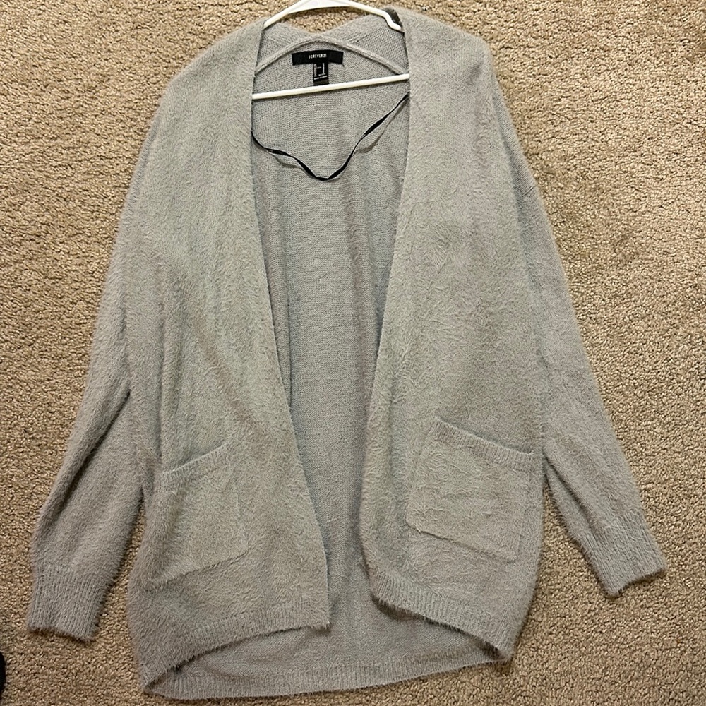 Gray long fuzzy cardigan